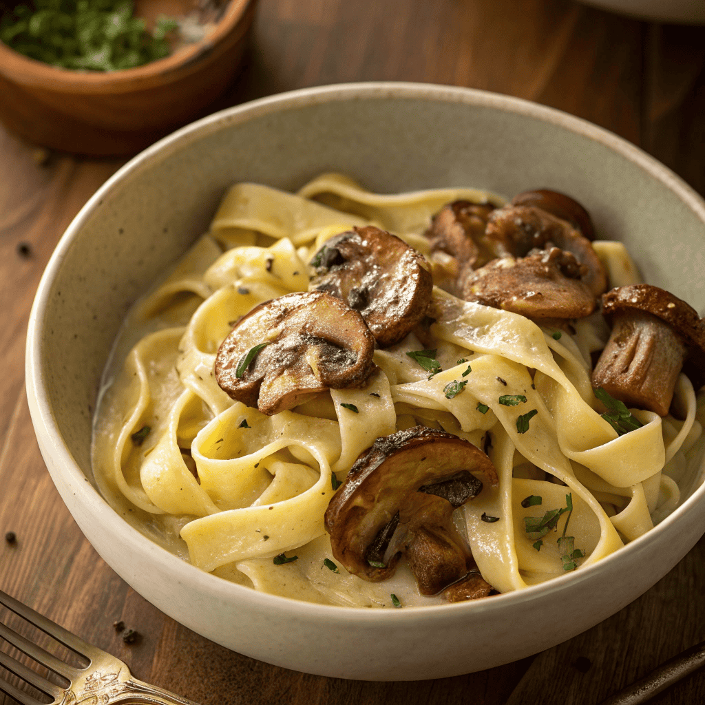 Full serving of creamy mushroom Gruyère pasta in bowl