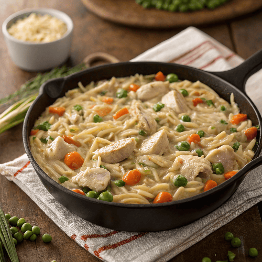 Full serving of chicken pot pie orzo skillet