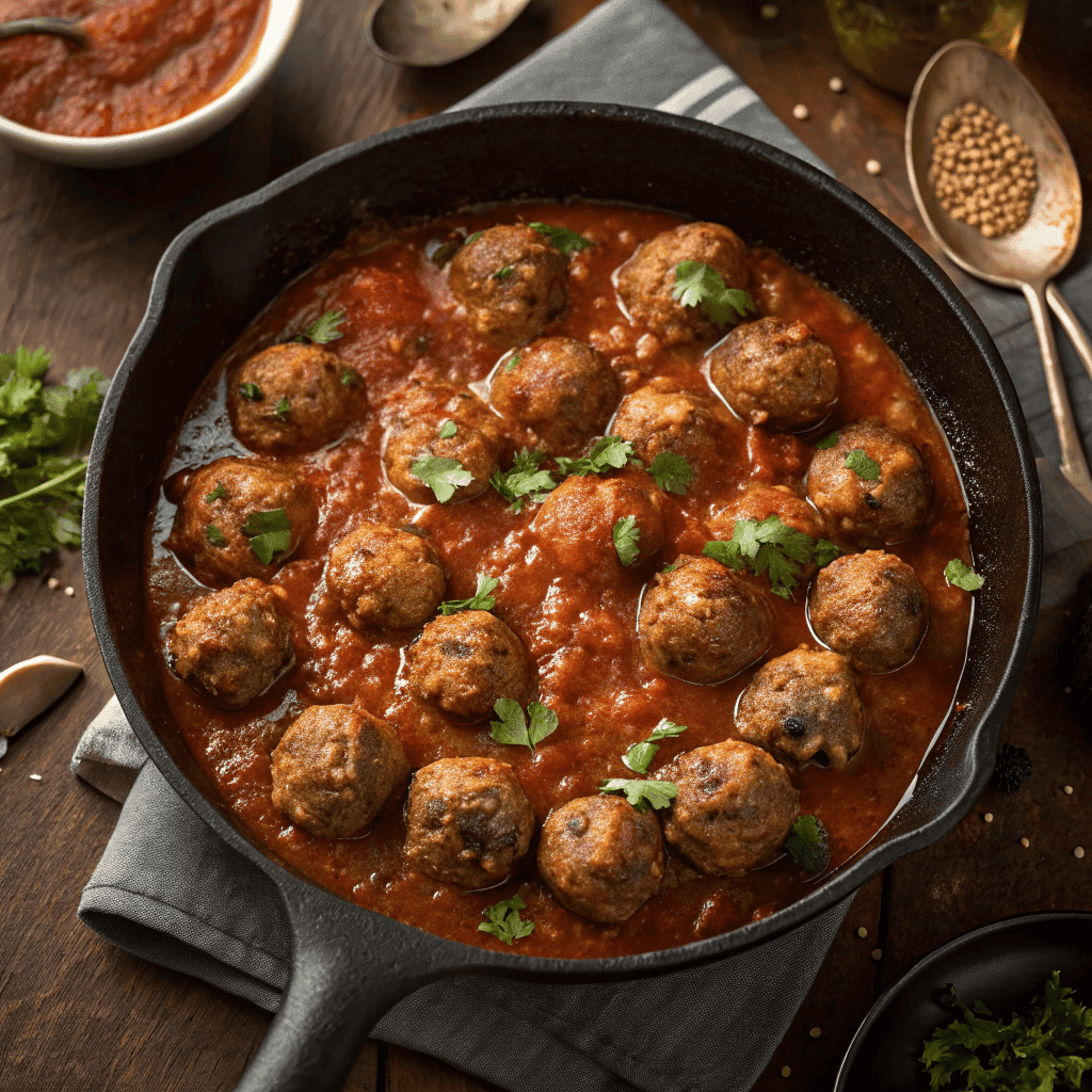 Spiced Moroccan meatballs in tomato sauce in white bowl