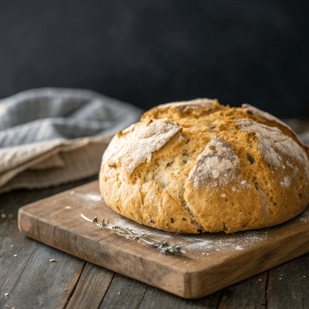 Whole round cheddar and herb soda bread loaf with cracked golden crust on a rustic wooden surface