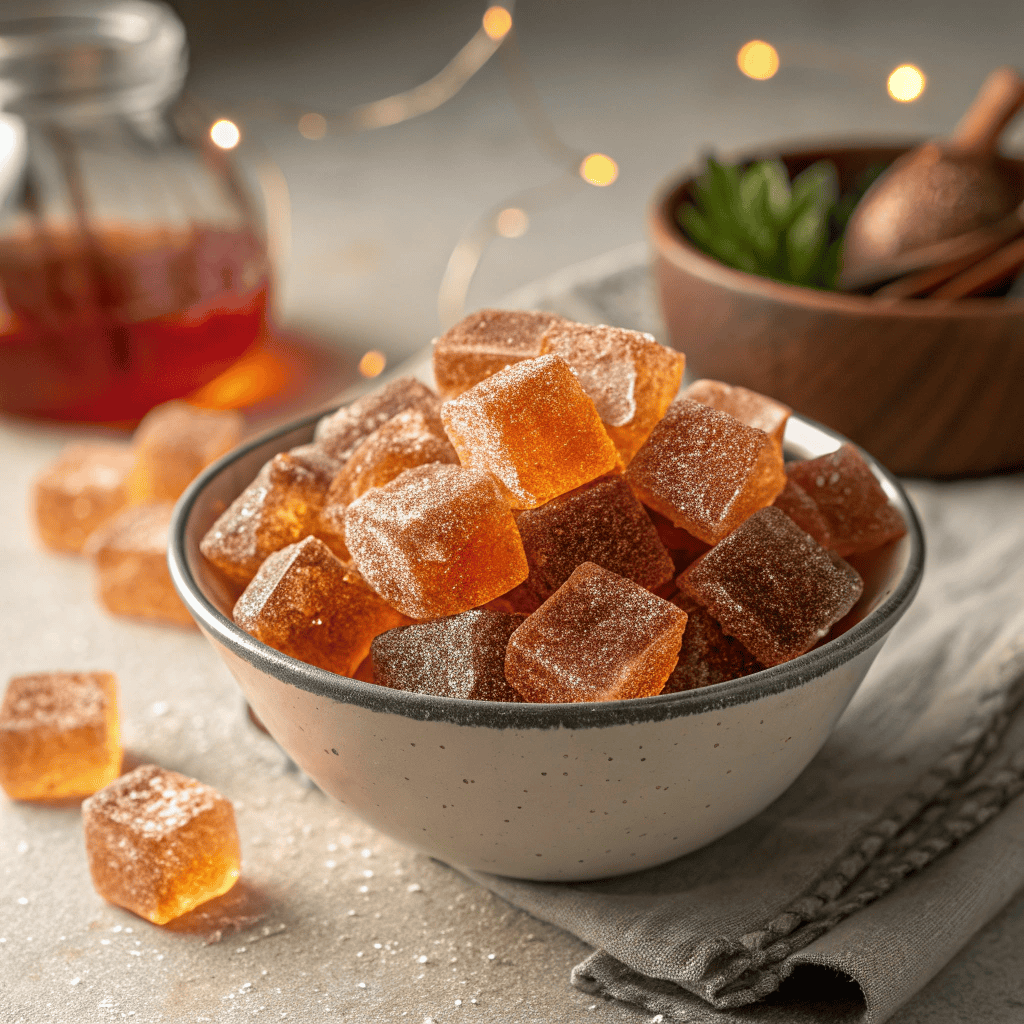 Fire-Kissed Cinnamon Glass Candy – Spicy, Sweet & Stunning 2 Bowl filled with cinnamon glass candy cubes showing translucent amber color and sugar crystals