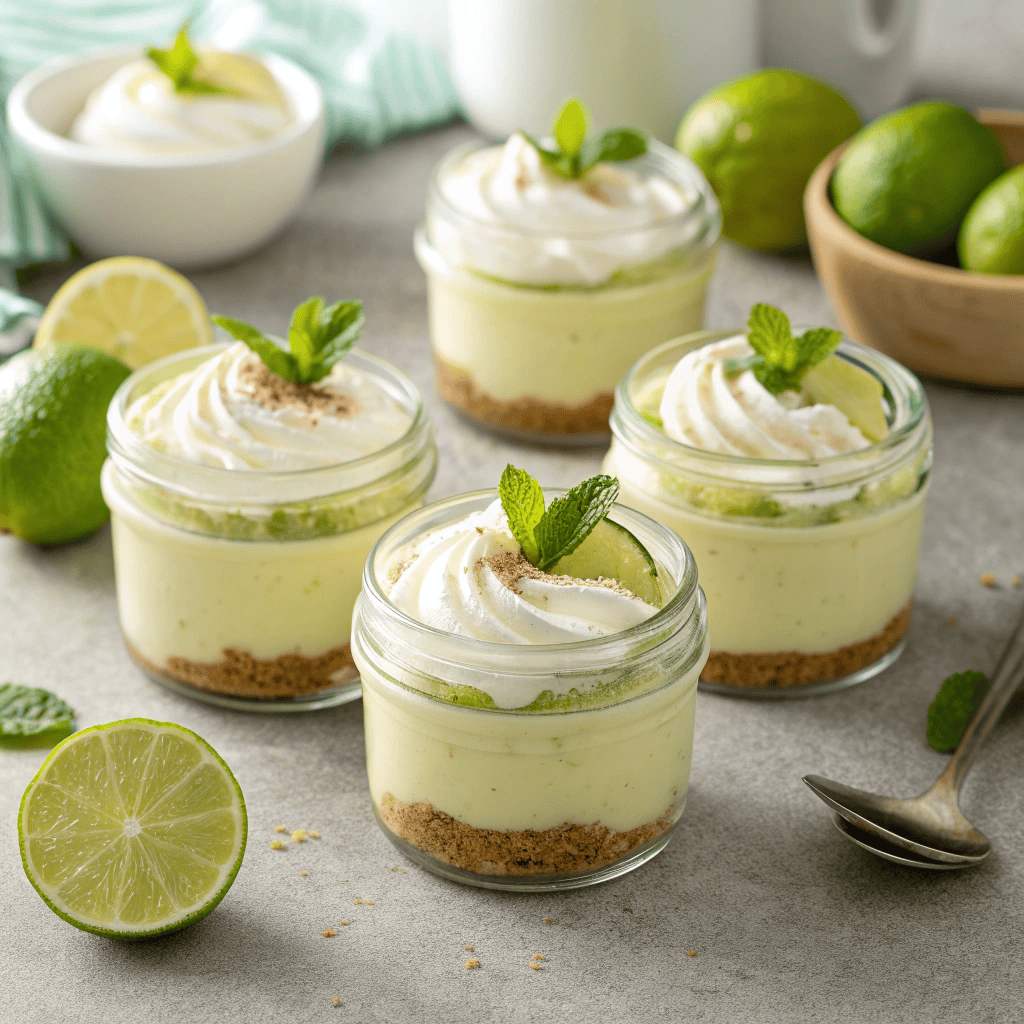 Key Lime Pie – Creamy, Tangy & Refreshingly Light 2 Group of key lime pie jars with graham cracker crust, whipped cream, and lime garnish