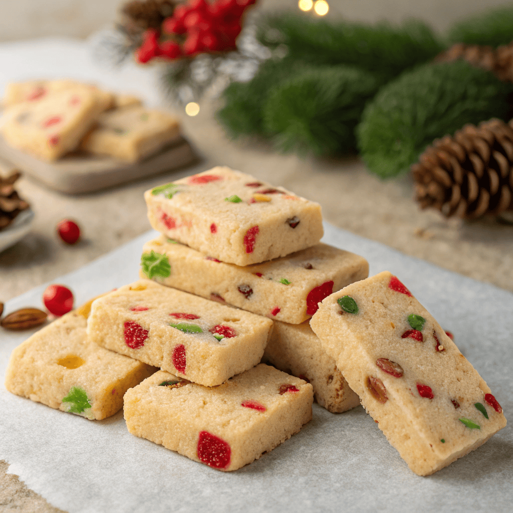Fruitcake Shortbread Cookies – Festive, Buttery & Perfect for the Holidays 2 Platter of fruitcake shortbread cookies with colorful candied fruit pieces