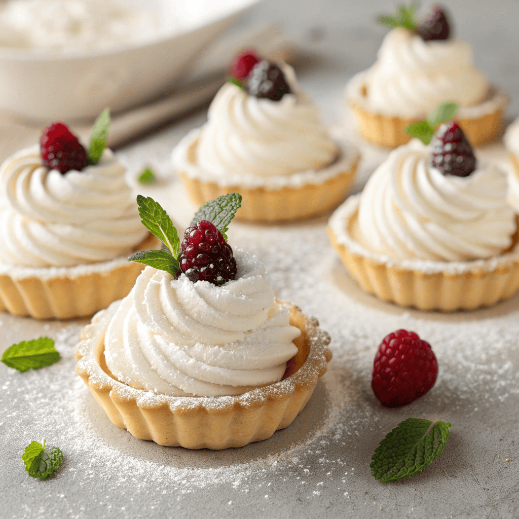 Group of white chocolate mousse tartlets with berries and powdered sugar