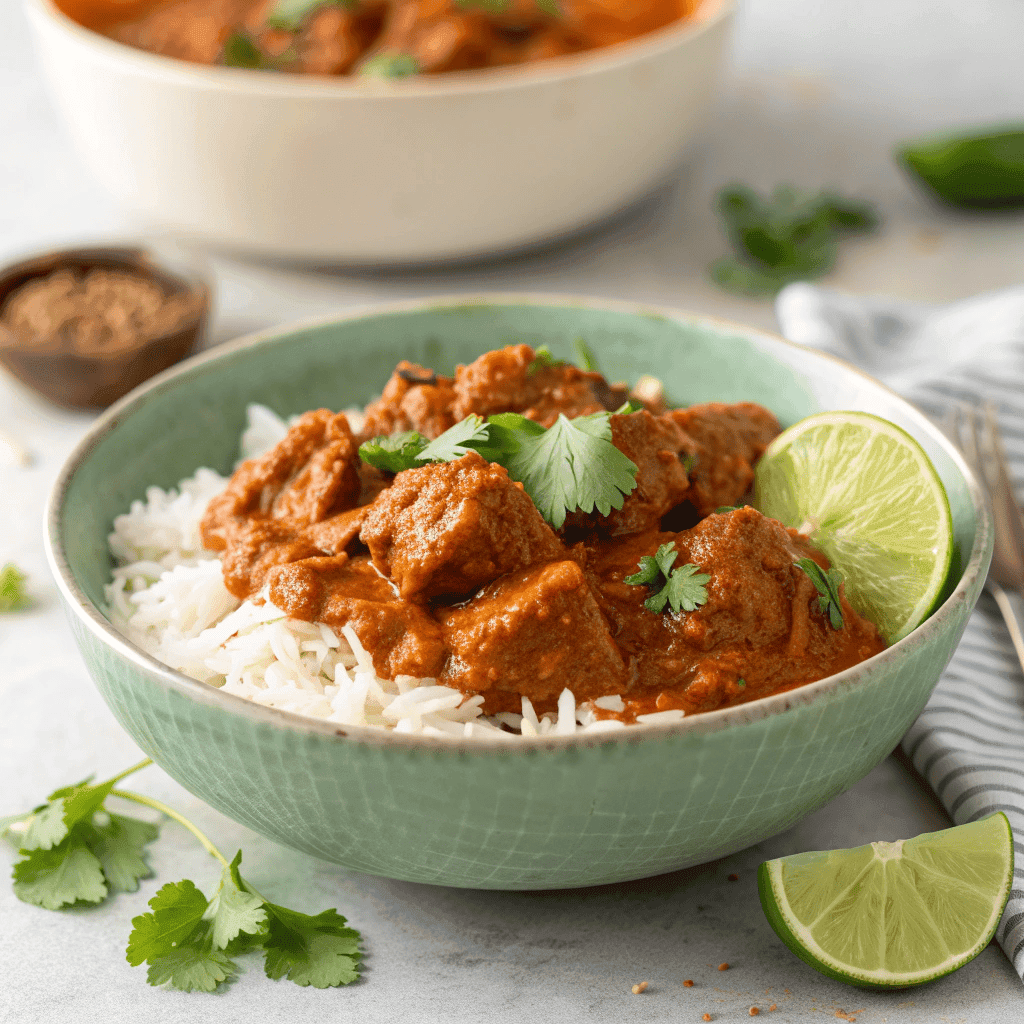 Full bowl of beef Madras curry with white rice, cilantro garnish, and lime wedges