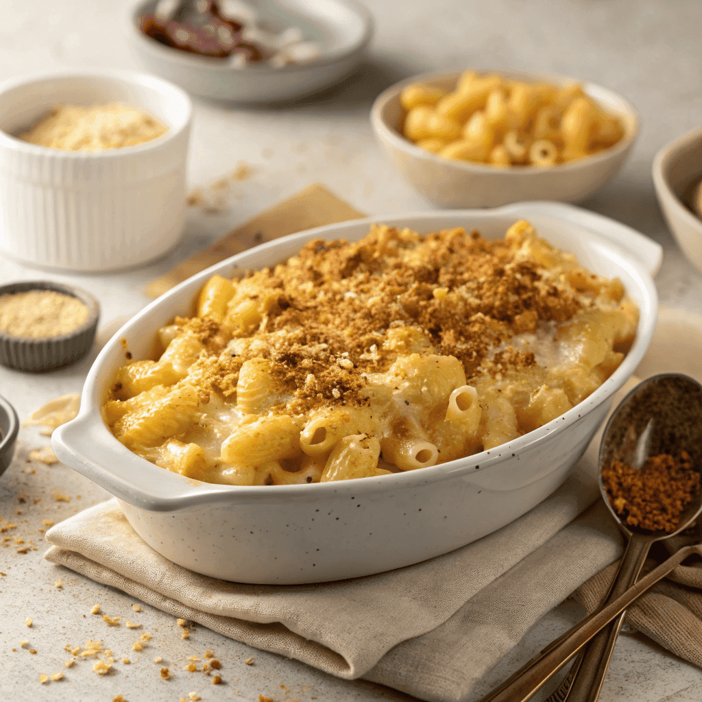 Full plate of Boursin mac and cheese with creamy sauce and toasted breadcrumbs