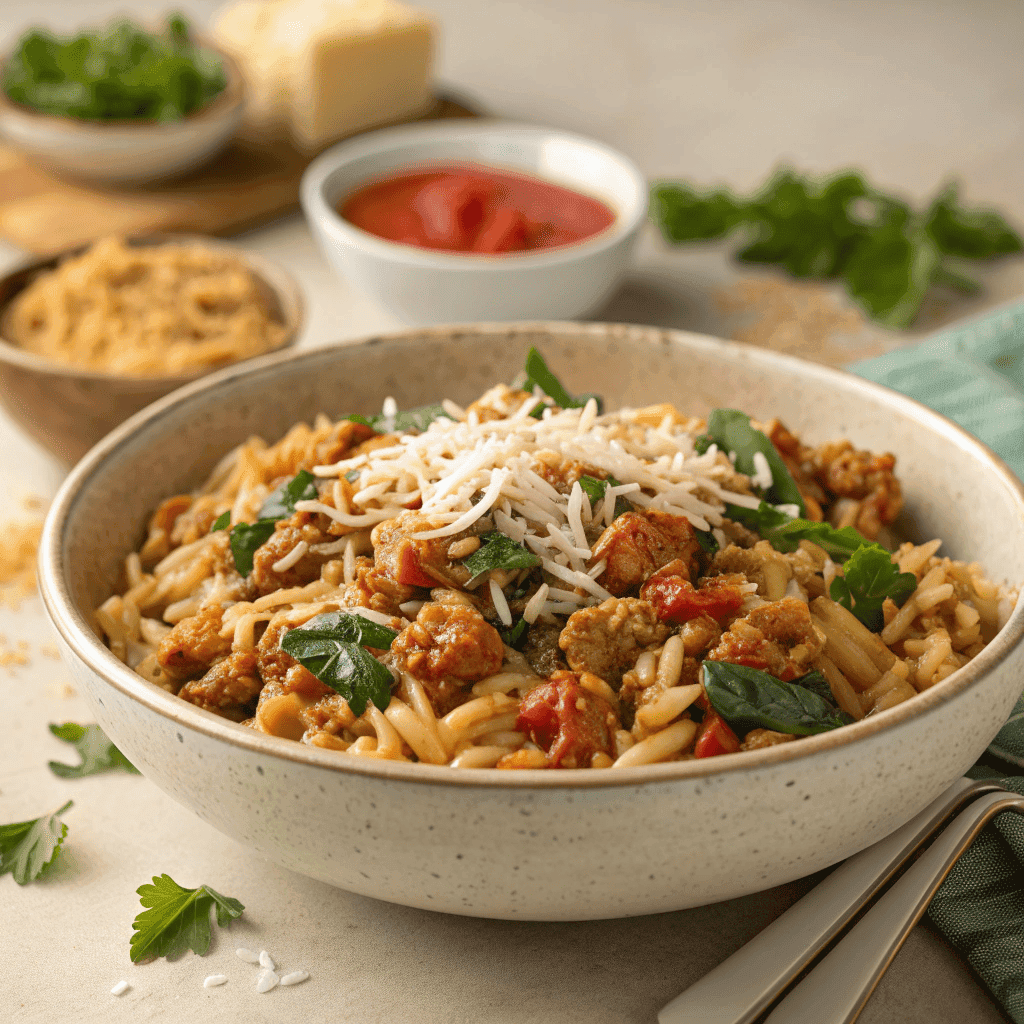 Full bowl of ground turkey and orzo pasta with spinach, tomatoes, and grated Parmesan
