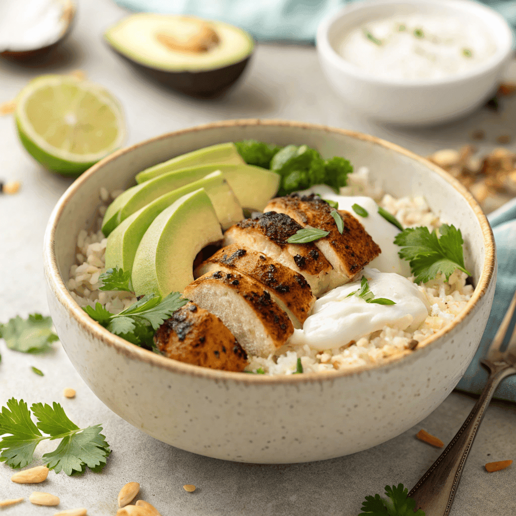 Full bowl of coconut chicken with rice, avocado, creamy sauce, and cilantro garnish