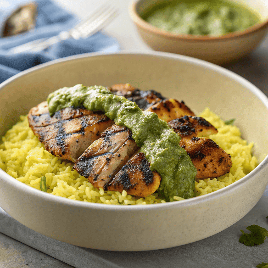 Peruvian Chicken and Rice with Green Sauce | Easy Aji Verde Bowl 2 Full bowl of Peruvian grilled chicken and yellow rice topped with creamy green sauce