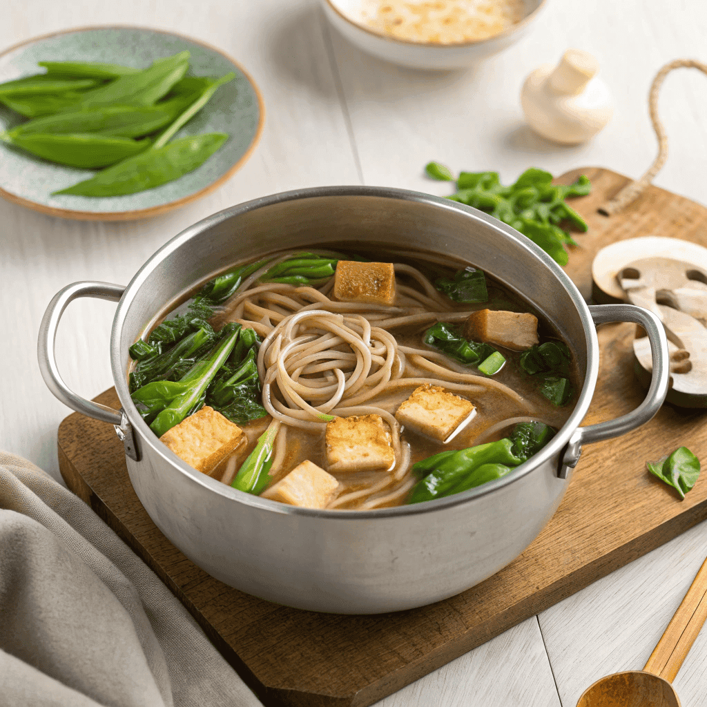 Full pot of soba noodle soup with clear broth, tofu cubes, mushrooms, and green vegetables
