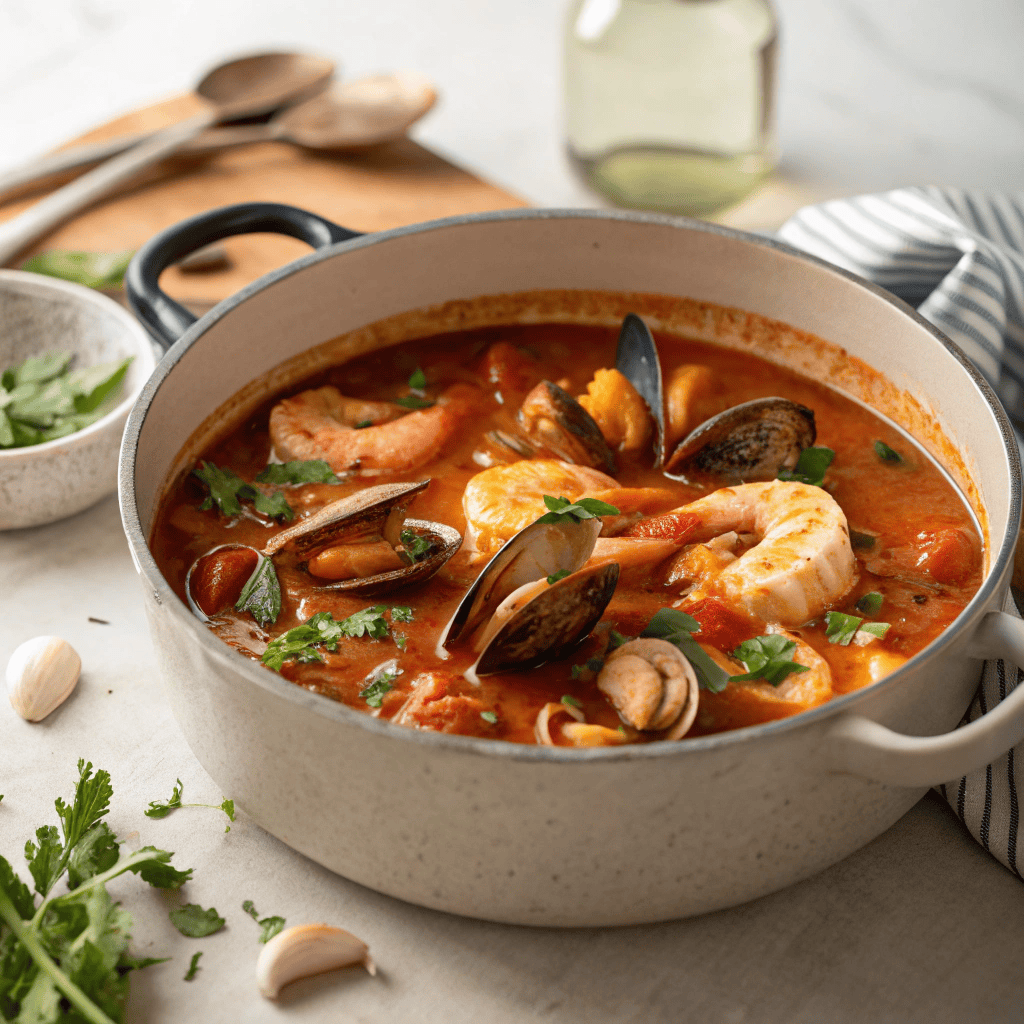 Full pot of cioppino soup with mussels, shrimp, vegetables, and rich tomato broth