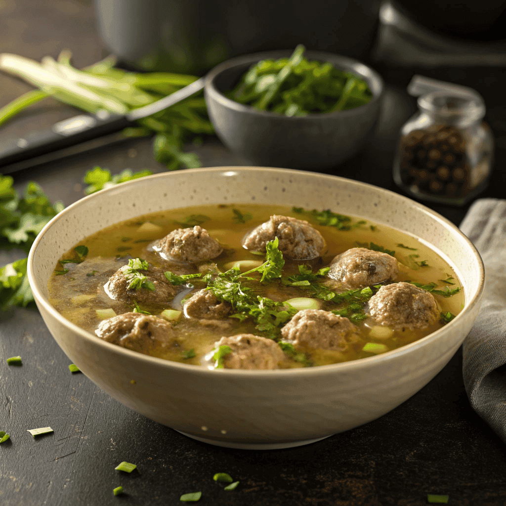 Full bowl of Arabic meatball soup with clear broth, herbs, and green onions