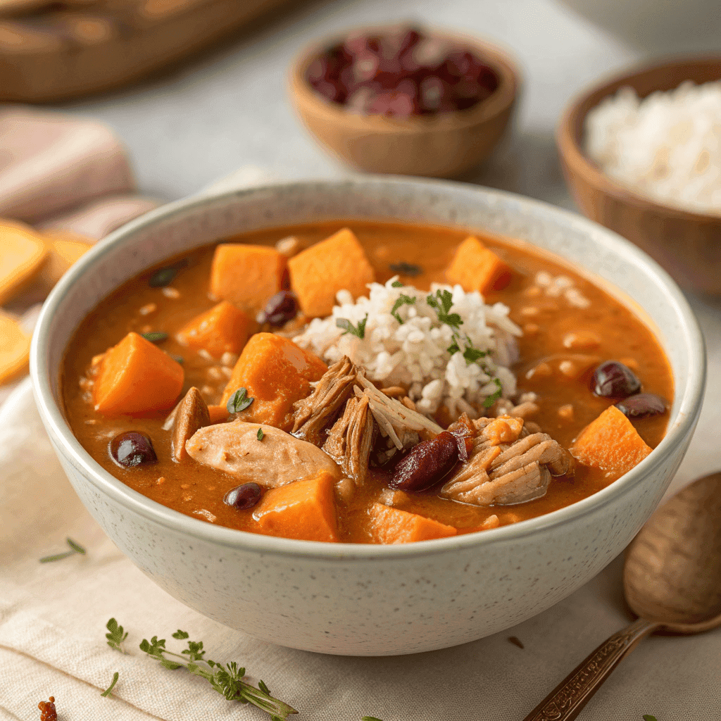 Full bowl of turkey sweet potato soup with rice, sweet potatoes, and green onion garnish