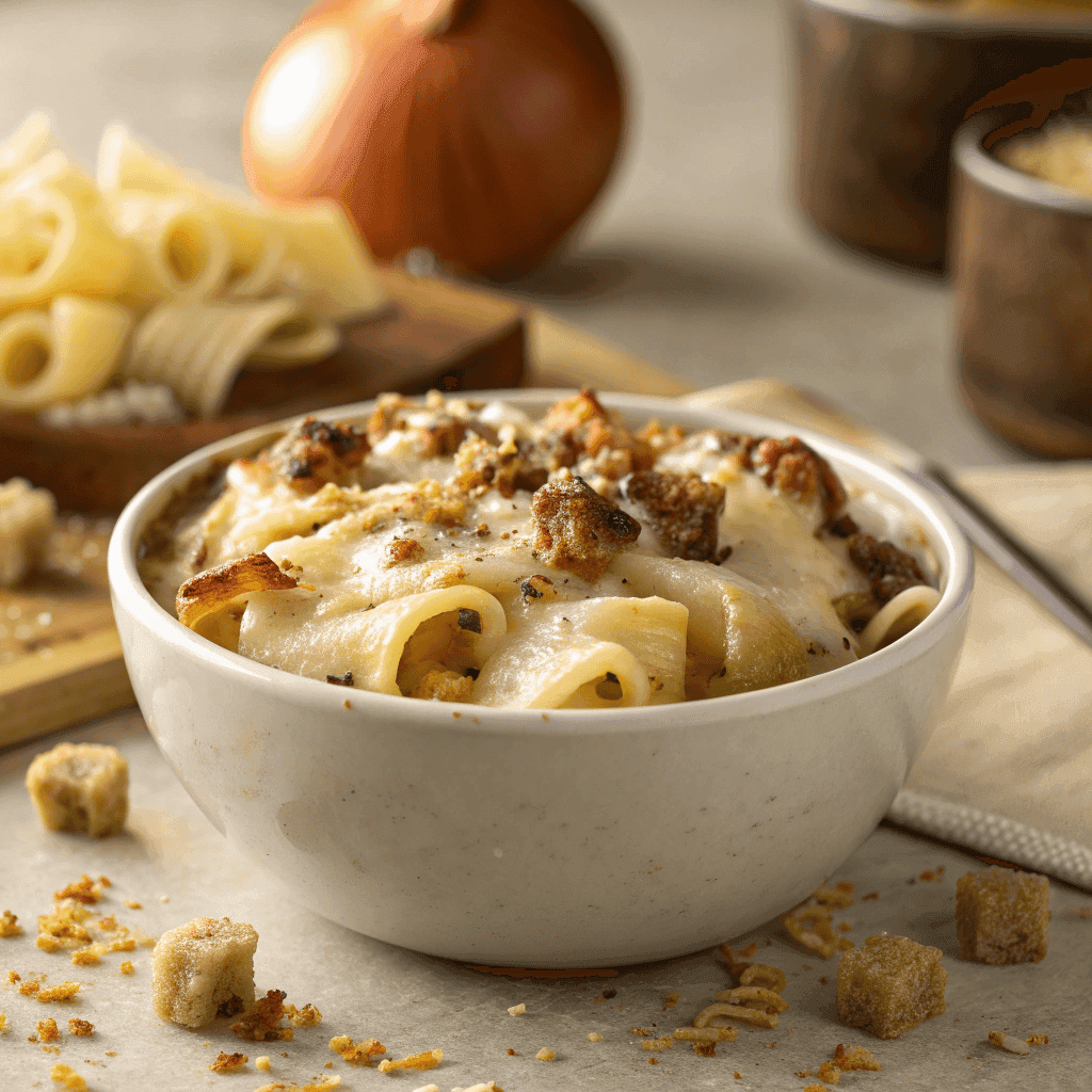 Full bowl of French onion soup pasta with melted cheese, onions, and breadcrumbs