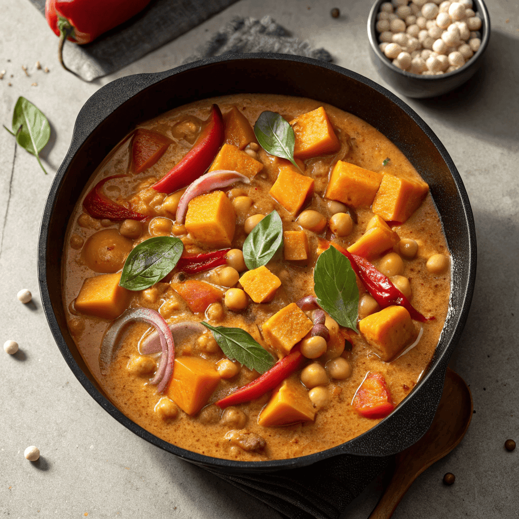 Full pan of butternut squash chickpea curry with coconut sauce, red peppers, chickpeas, and basil leaves.