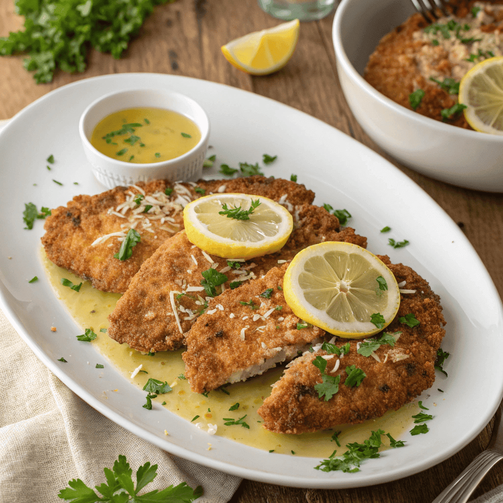 Crispy lemon chicken Romano served on a white plate with butter sauce, parsley, and lemon slices.