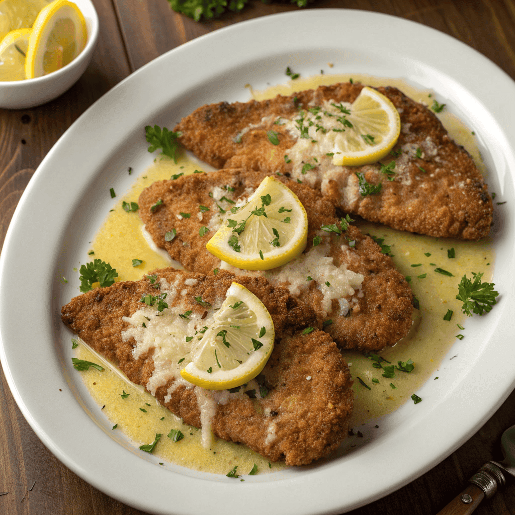 Full plate of lemon chicken Romano with crispy cheese crust, lemon butter sauce, parsley, and lemon slices.