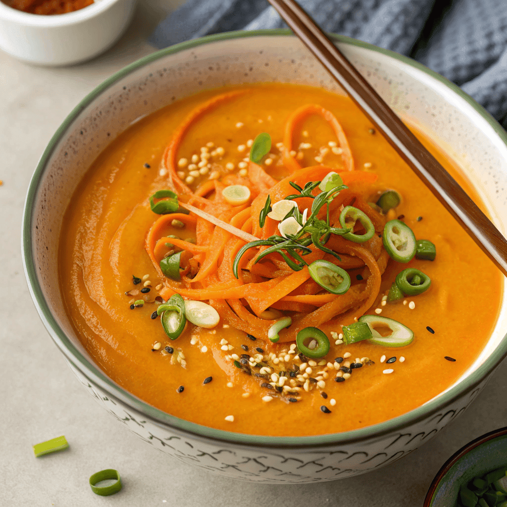 Easy Spicy Miso Carrot Soup – Creamy, Bright, and Packed with Umami 2 Full bowl of spicy miso carrot soup with chili crisp, carrot strips, and sesame seeds.