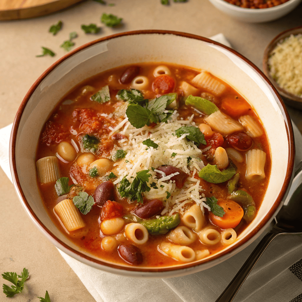Full bowl of hearty Italian minestrone soup with pasta, beans, and vegetables.