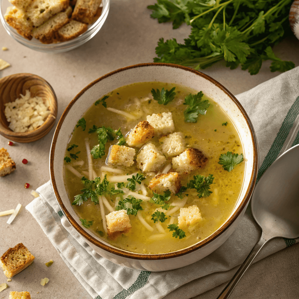 Full bowl of Czech garlic soup with golden broth, croutons, cheese, and parsley.
