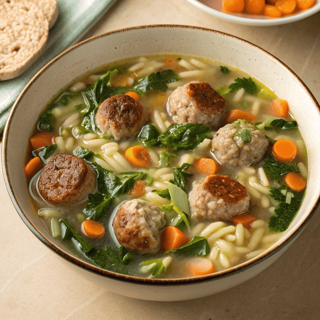 Full bowl of Italian wedding soup with meatballs, orzo, vegetables, and greens.