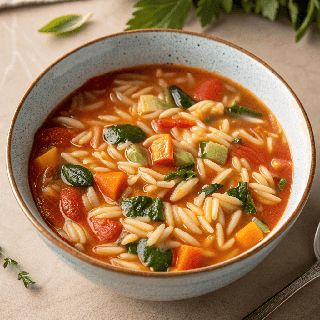 Full bowl of vegetable orzo soup with tomato broth, pasta, and mixed vegetables.