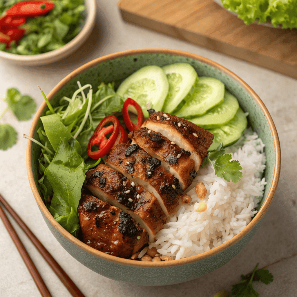 Full bowl of Vietnamese lemongrass chicken with rice, greens, herbs, and chili garnish.