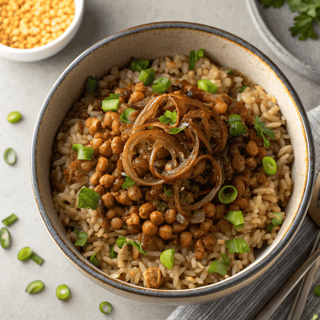 Full bowl of Mujadara with lentils, rice, caramelized onions, and green onion garnish.