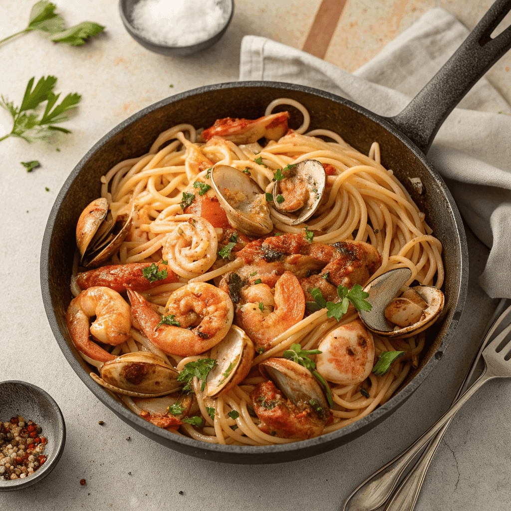 Full pan of seafood pasta with spaghetti, shrimp, clams, scallops, and tomato sauce.