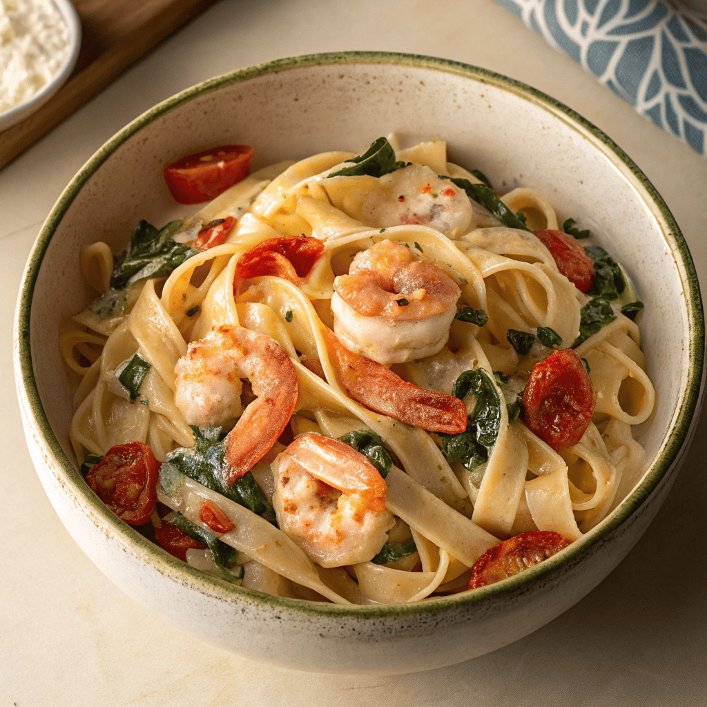 Full bowl of creamy shrimp fettuccine with spinach and tomatoes in Alfredo sauce.