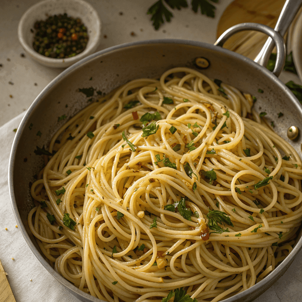 Full pan of spaghetti aglio e olio with olive oil sheen and parsley flecks.