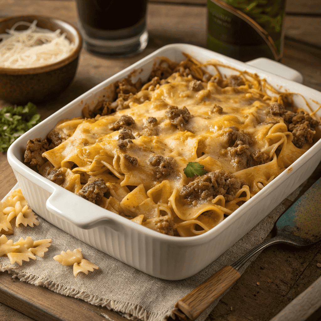 Top-down view of the full sour cream beef noodle casserole in a white baking dish.