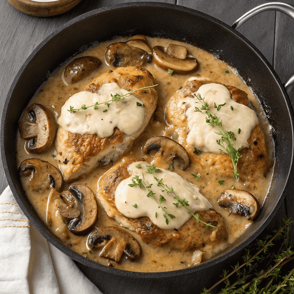 Full skillet of Chicken Madeira with creamy sauce, mushrooms, and melted cheese
