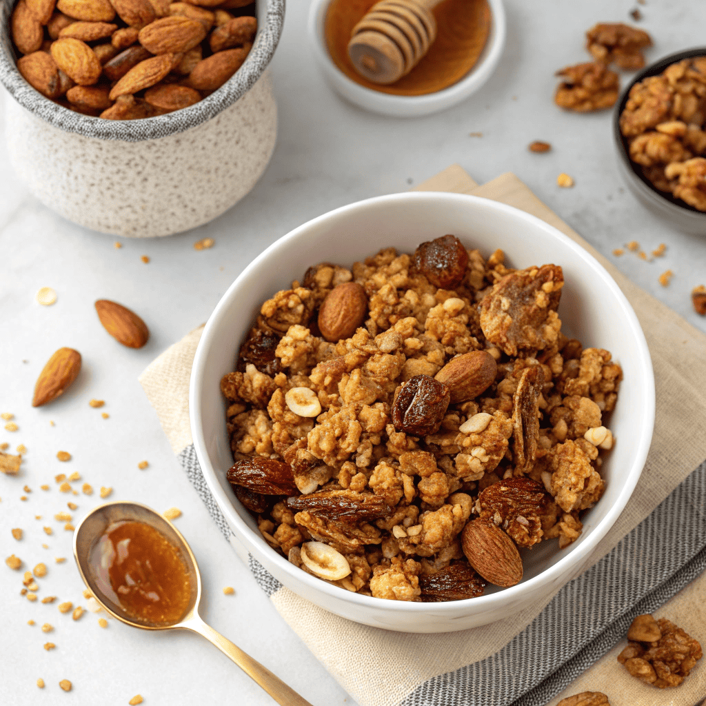 Best Air Fryer Baklava Granola – Crunchy, Nutty & Honey-Sweet 2 Honey-glazed baklava granola clusters with nuts on a white Bowl