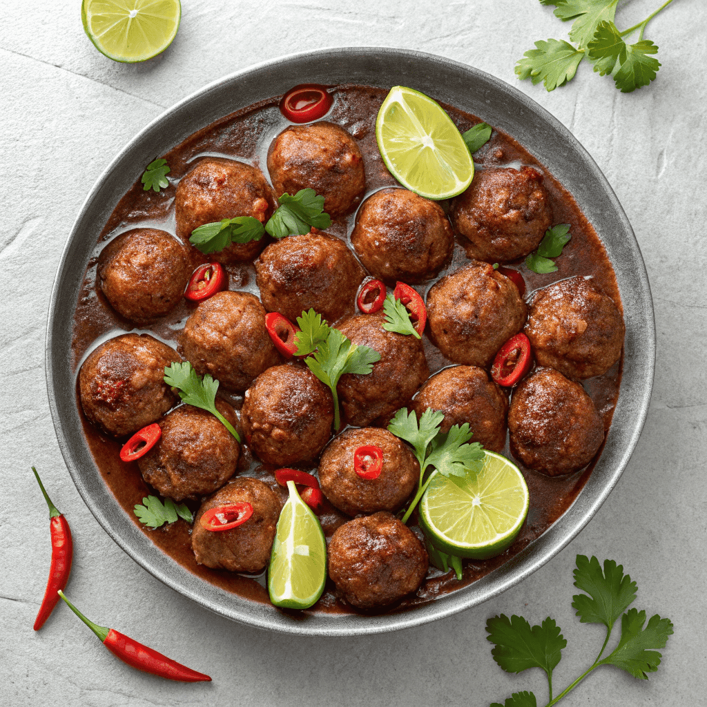 Full plate of Mexican donkey balls with chili glaze and lime wedges