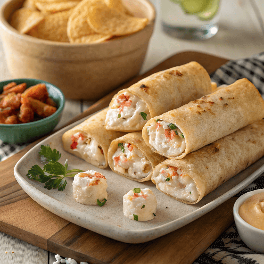 Full plate of crispy crab shrimp queso rolls with creamy filling