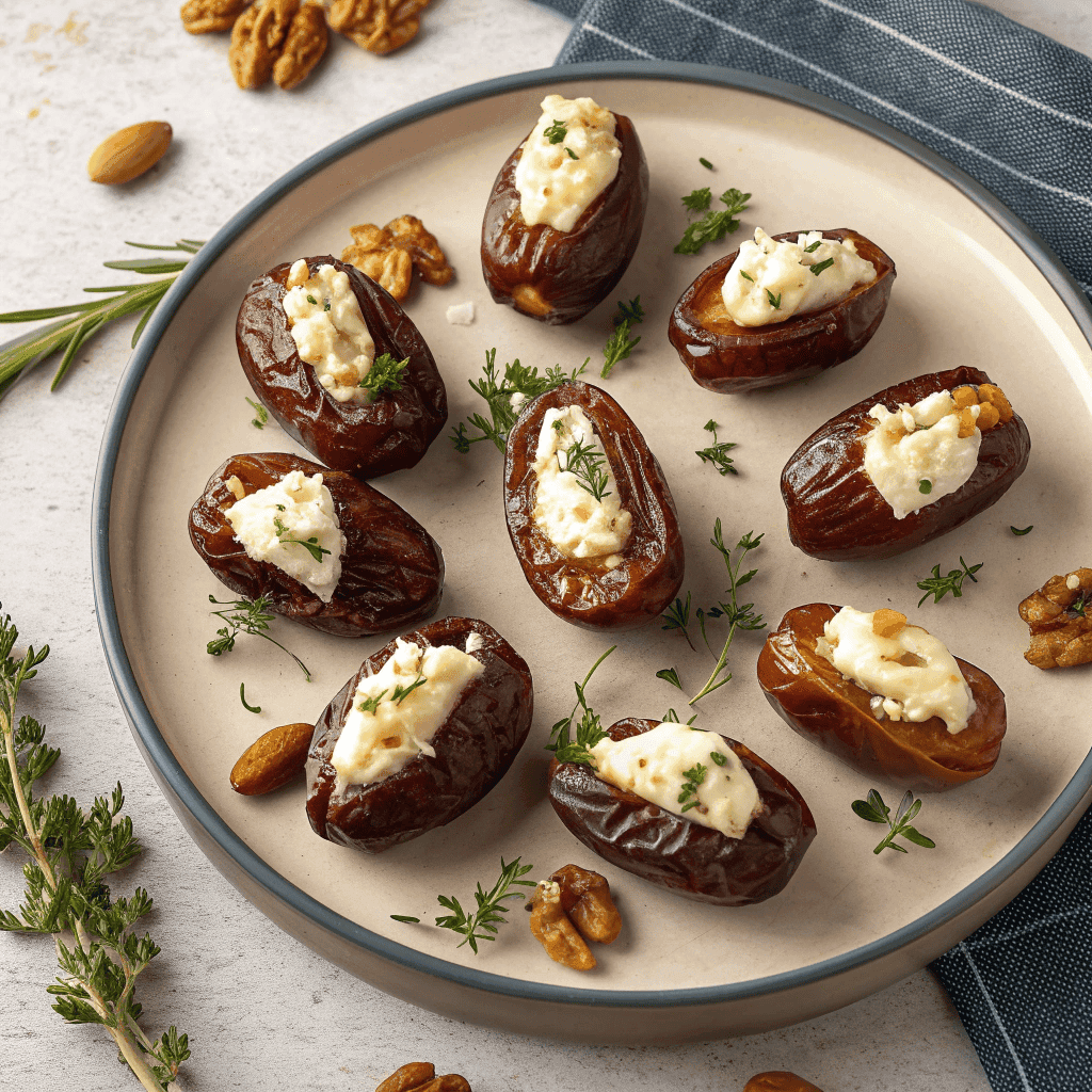Full platter of Boursin stuffed dates with nuts and herbs