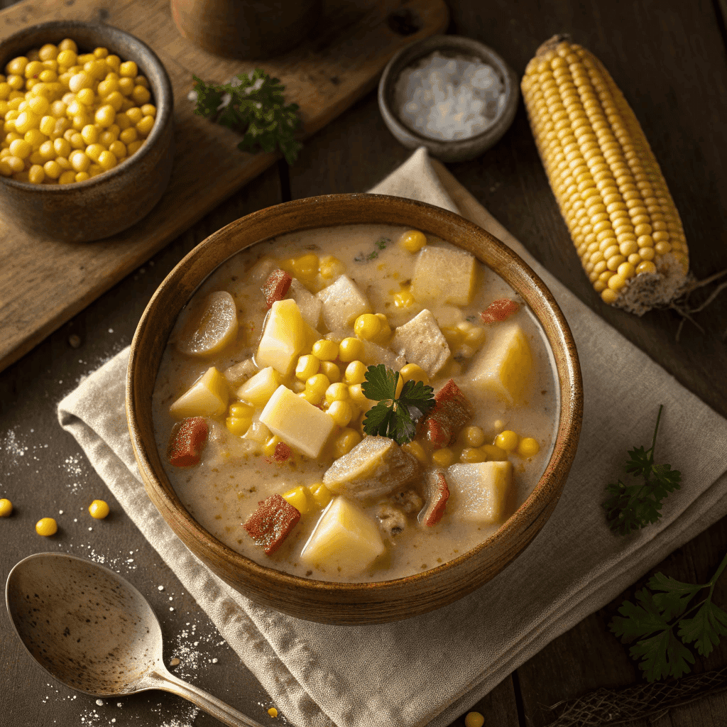 Full bowl of Amish snow day soup with potatoes and corn