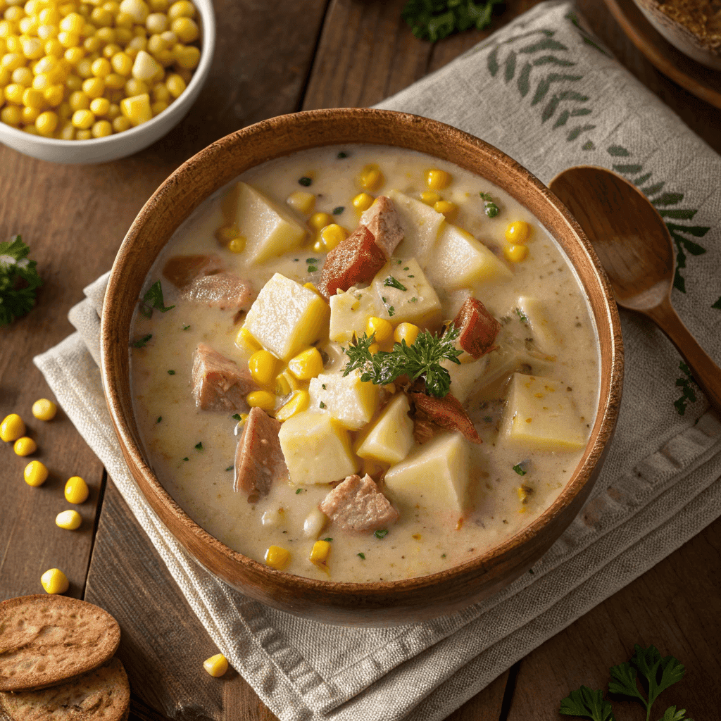 creamy potato corn soup with bacon garnish