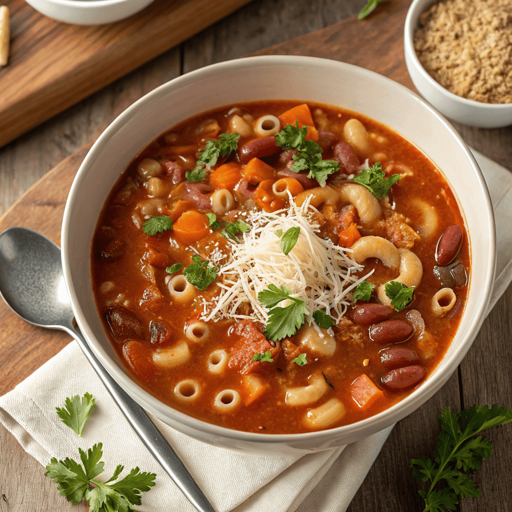 Full bowl of Italian pasta fagioli soup with beans and pasta