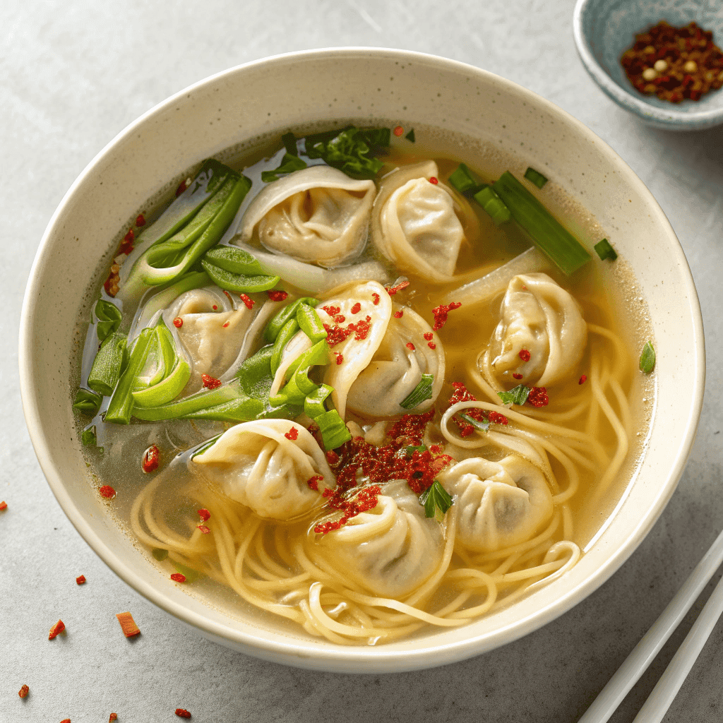Japanese dumpling soup showing clear broth, noodles, and scallions