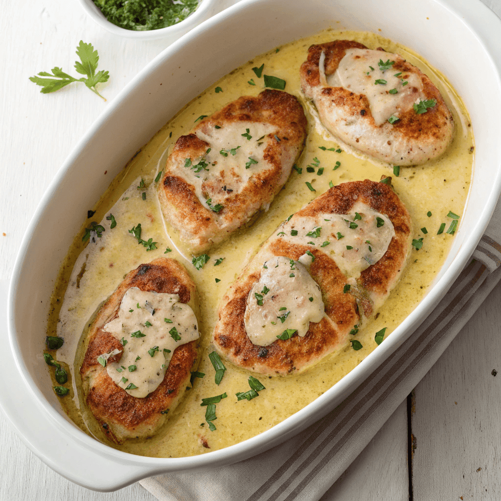 Full baking dish of Italian chicken saltimbocca in creamy sauce