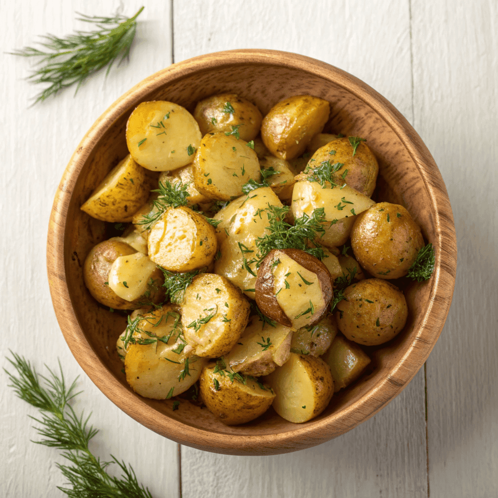 Full bowl of mustard roasted potatoes with creamy sauce and dill garnish