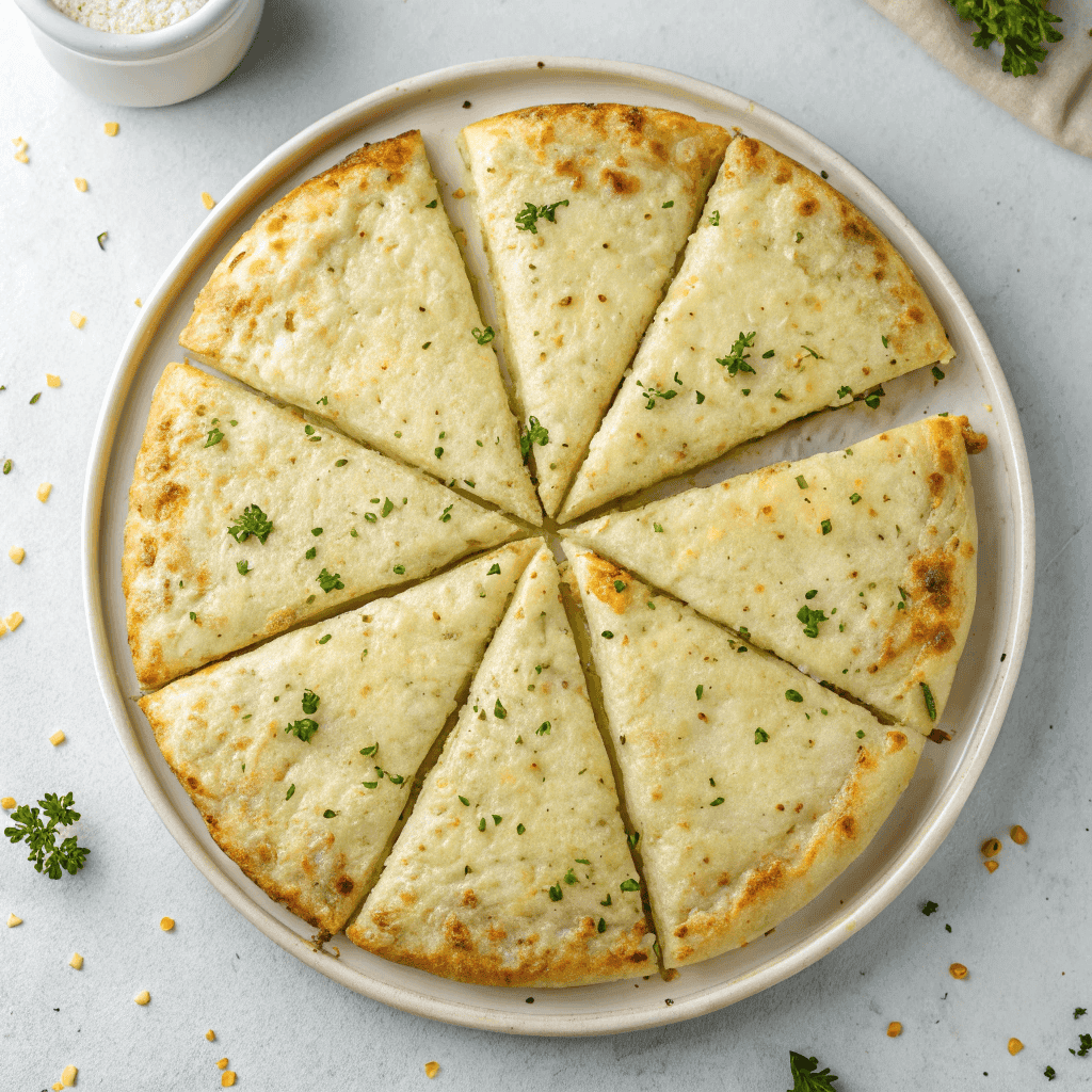 Full plate of cheesy tortilla garlic bread sliced into wedges