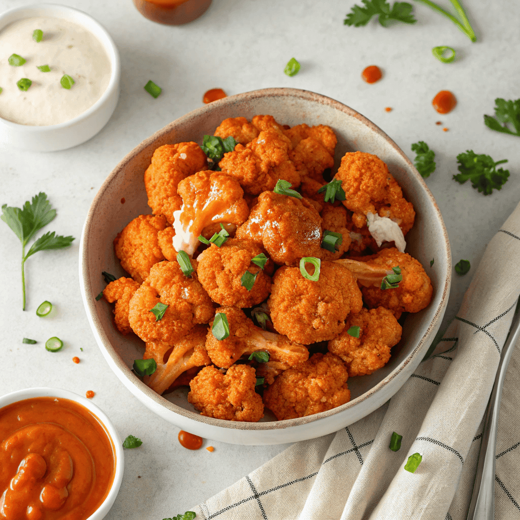 Full bowl of crispy buffalo cauliflower coated in spicy sauce