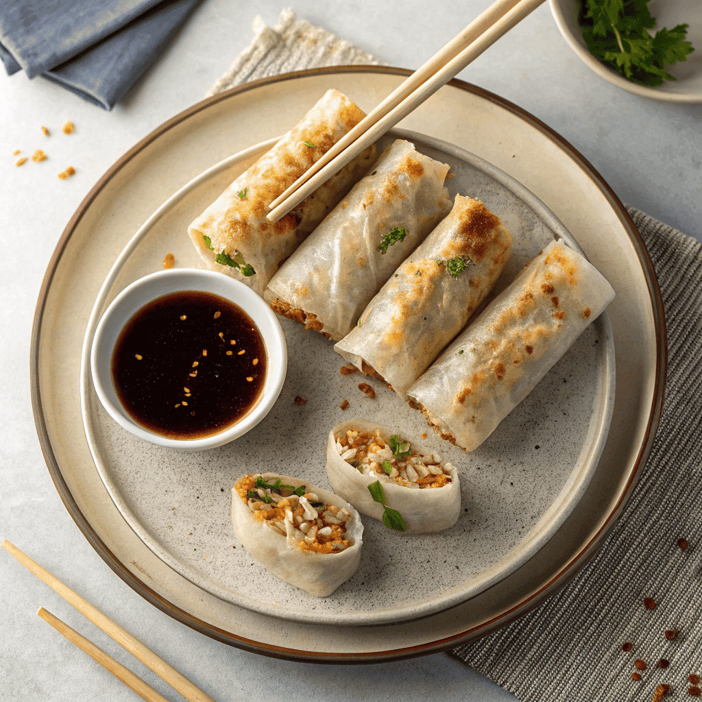 Full plate of crispy rice paper noodle rolls with dipping sauce