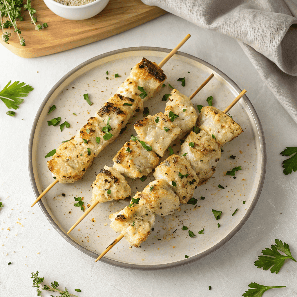 Full plate of garlic parmesan chicken skewers cooked in the air fryer