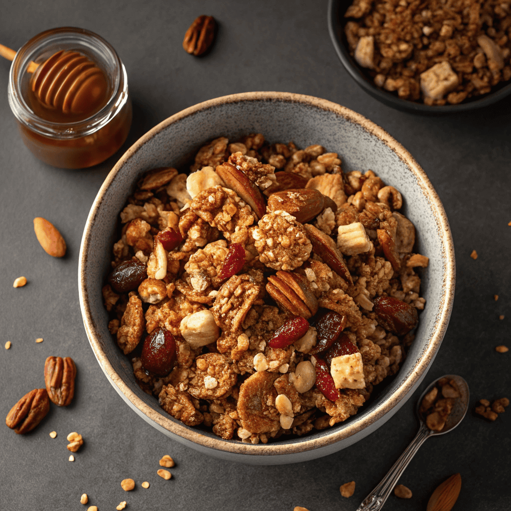 Best Air Fryer Baklava Granola – Crunchy, Nutty & Honey-Sweet 3 Air fryer baklava granola with honey glaze, nuts, and golden clusters in a bowl