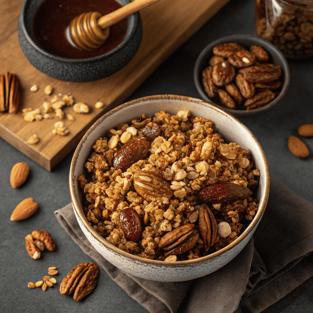 Best Air Fryer Baklava Granola – Crunchy, Nutty & Honey-Sweet 1 Full bowl of crunchy baklava granola with honey glaze and nuts