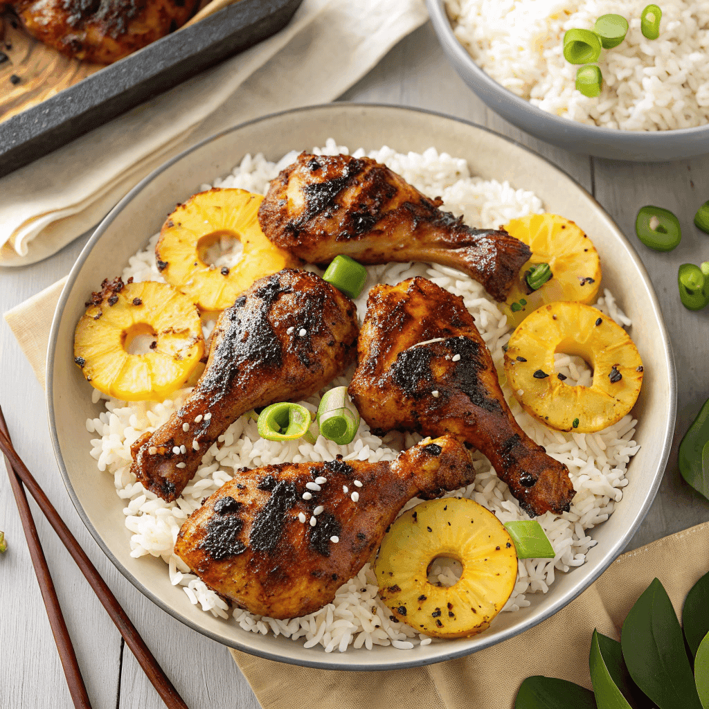 Full plate of Hawaiian Huli Huli chicken with pineapple and rice served family style